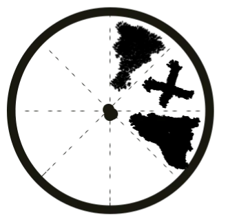 A circular pie cut into eight segments, three of which are filled.