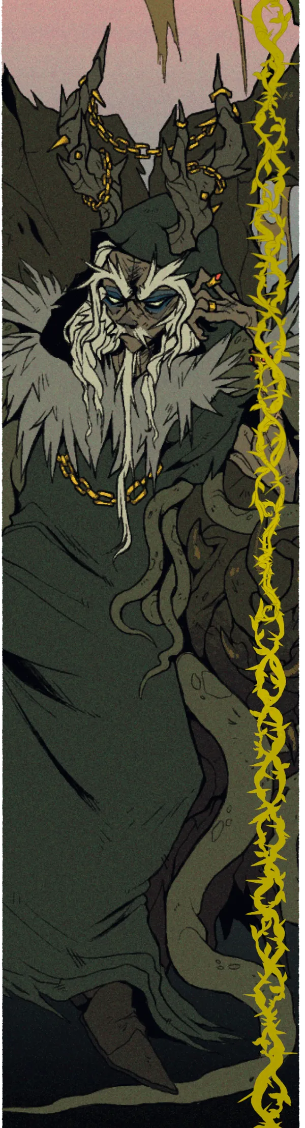 An ominous figure sitting upon a gnarled throne. The figure has deep grey skin, long white hair, and a menacing look. They are dressed in a long greyish green robe with fur lining their collar. They have two large gnarled antlers with gold chains looping through them. The figure appaers to have tentacles or vines coming out from around their robe.